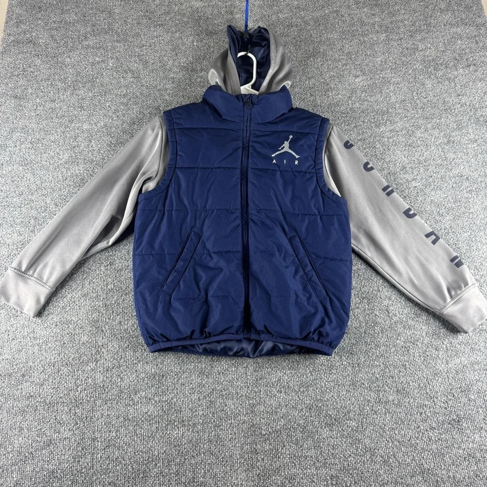 Jordan Jacket Boys M 10-12 Blue Gray Therma-Fit Hooded Puffer Zip Coat